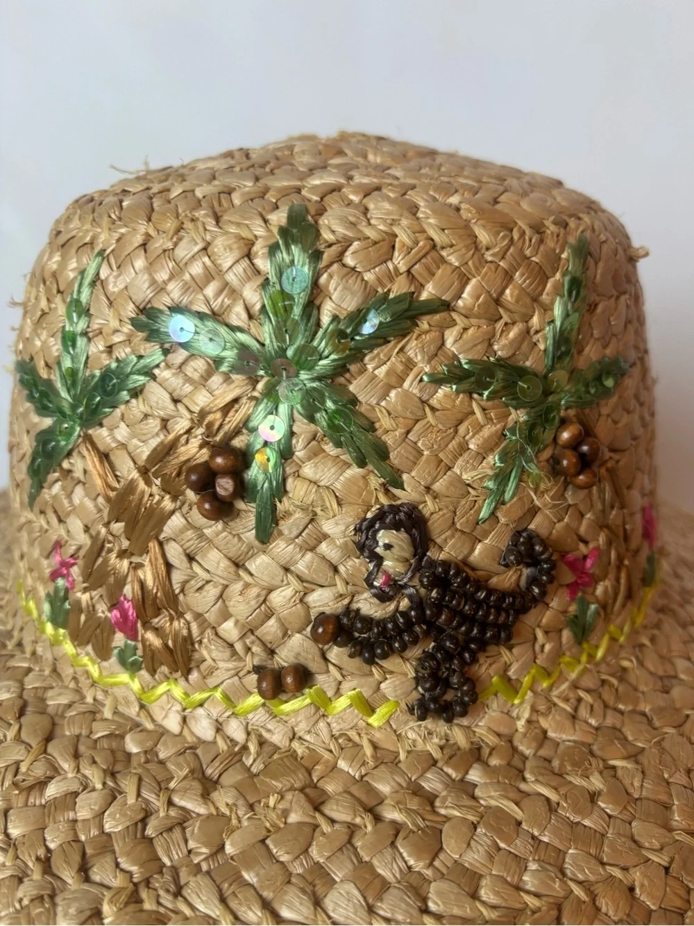 Woven Straw Raffia Sun Hat Beaded Monkey Embroidered Palm Trees Women’s Beach